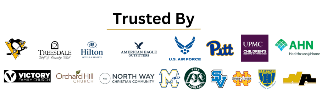 Trusted brands banner for All About Premier Events, featuring Hilton, Pittsburgh Penguins, UPMC Children’s, AHN, and other Pittsburgh partners.