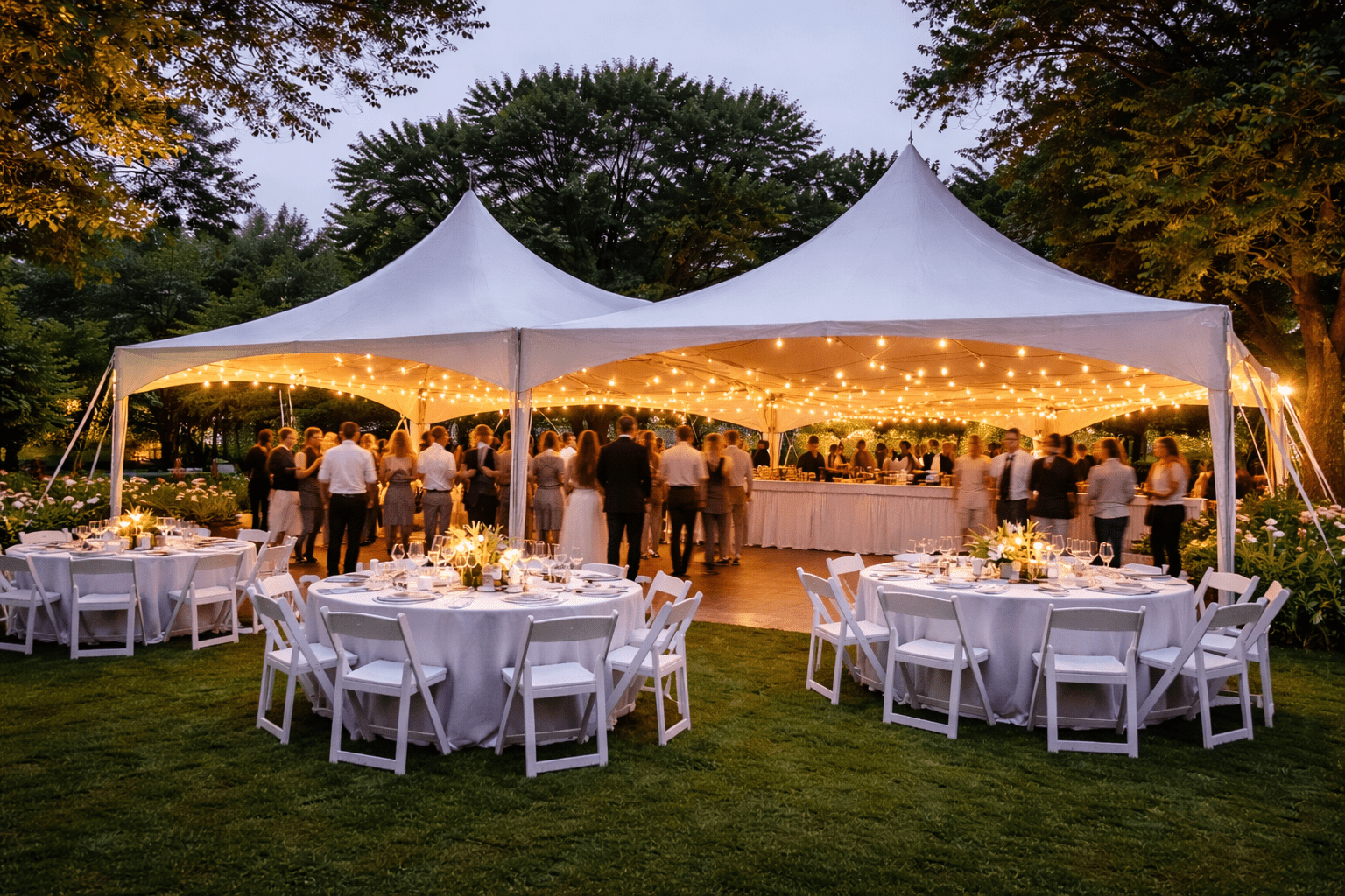 20x40 connected high-peak tent rental with string lights, tables, chairs, and guests dancing at an outdoor wedding reception in Pittsburgh, PA