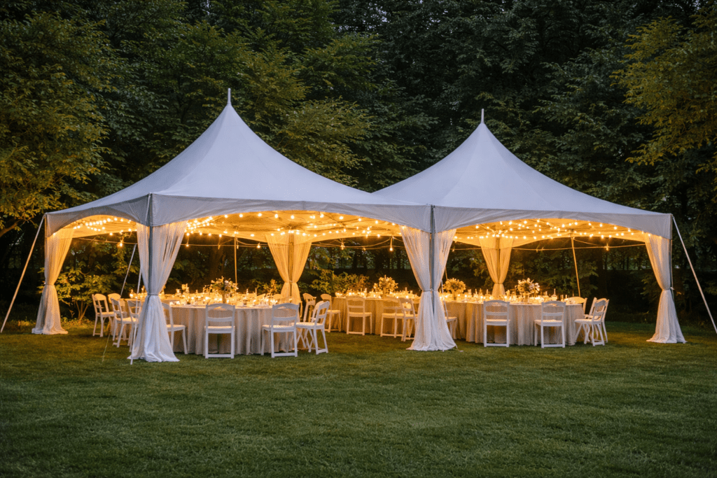 Two connected 20x20 high-peak tent rentals in Pittsburgh, PA with sidewalls and windows, warmly lit inside for an evening event.