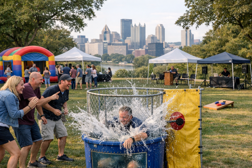 Employee Appreciation Day at a Pittsburgh public park with coworkers laughing as a manager splashes into a dunk tank, tents, games, and a bounce house set up casually on the grass.