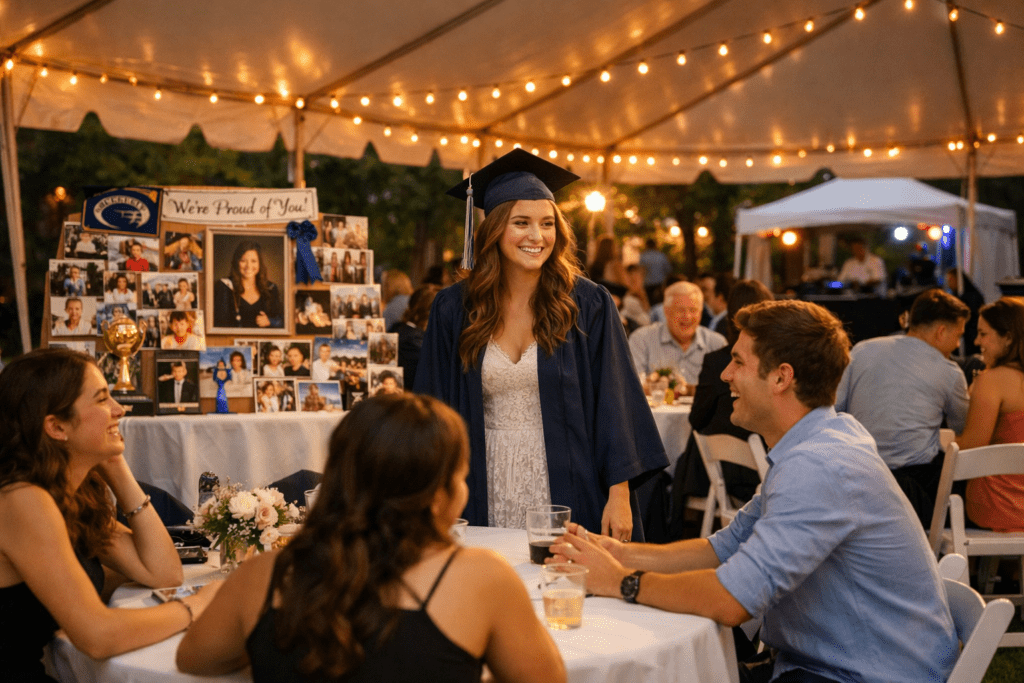 Outdoor graduation party under a 20x40 white high-peak frame tent with visible support cables, featuring the graduate smiling with friends at round tables during golden hour.