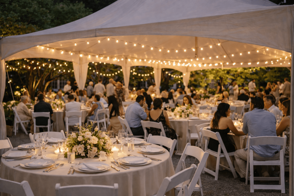 Elegant outdoor event under a white tent rental in Pittsburgh, PA, with string lights, round tables, and guests enjoying a seated evening gathering.