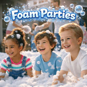 Kids enjoying a foam party with bubbles and foam play