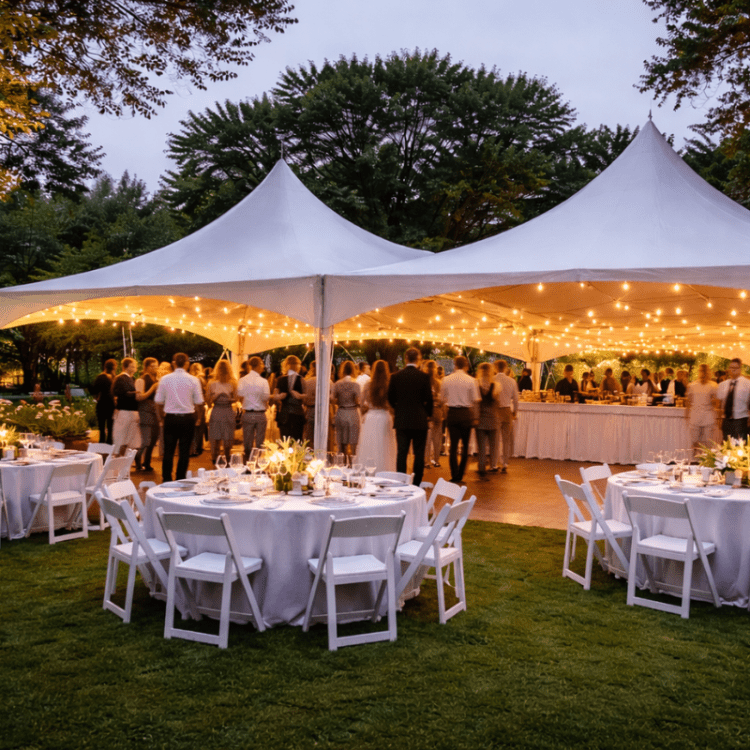 Outdoor wedding tent rental setup in Pittsburgh PA with string lights, round tables, and white folding chairs at evening reception