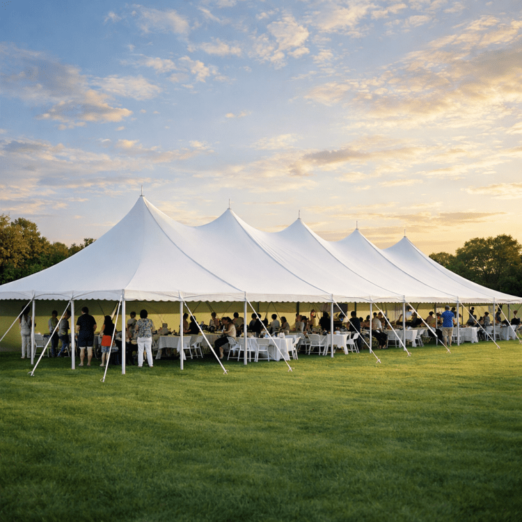 Large white event tents set up on a lawn for outdoor celebration