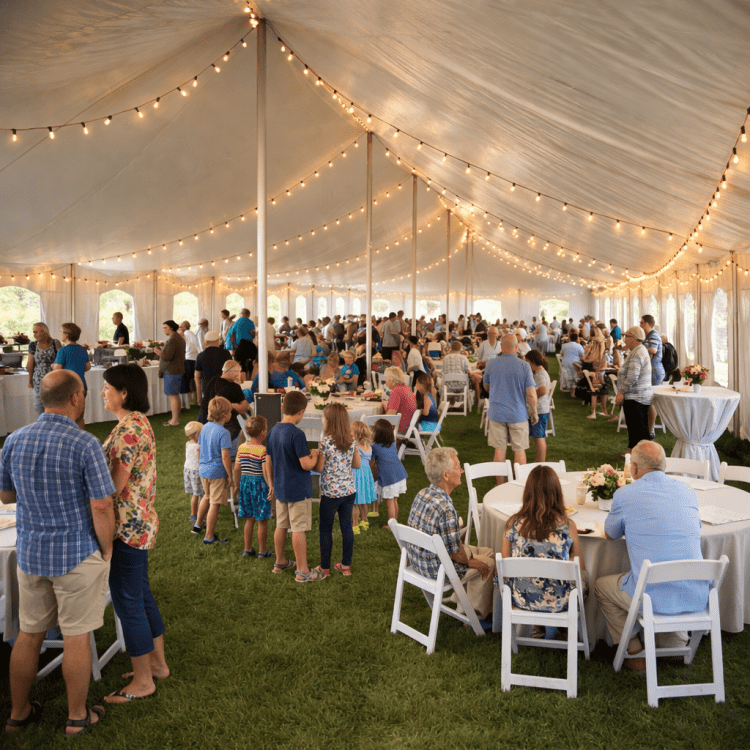 Guests gathering inside a large event tent with tables and lighting