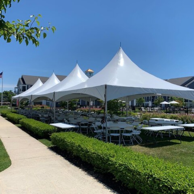 Multiple high peak event tents set up beside a landscaped walkway for an outdoor gathering