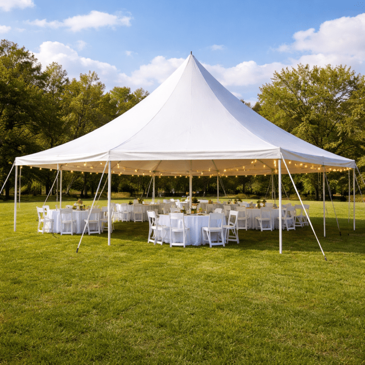 High peak pole tent rental setup with tables and chairs for outdoor event