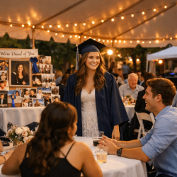 Outdoor graduation party under a 20x40 white high-peak frame tent with visible support cables, featuring the graduate smiling with friends at round tables during golden hour.