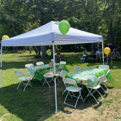 Small party tent with tables and chairs setup for outdoor celebrations.